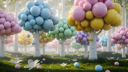 Whimsical forest scene with colorful balloons and trees on green grass with flowers and eggs scattered around