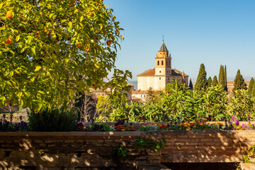 Church of Santa Maria de la Alhambra seen from Generalife gardens, Granada, Spain