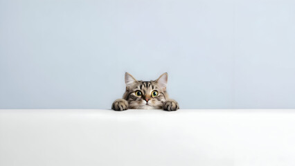 A curious tabby cat peeking over a white surface with a light blue wall in the background