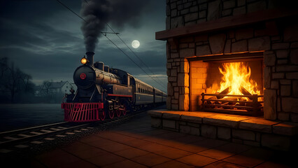 A steam train chugging along a track on a dark and stormy night with a bright moon shining through the clouds near a burning fireplace
