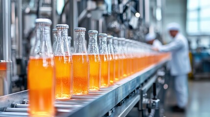Bottles filled with orange beverage moving along production line in factory, showcasing automated manufacturing process and quality control in beverage industry