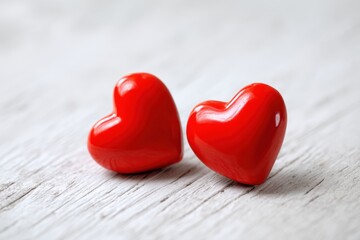 Fototapeta premium Two glossy red hearts on a bright white background evoke feelings of love and affection in a simple yet elegant setting
