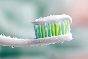 Close-up of a toothbrush with green and blue bristles, covered in water droplets, highlighting the importance of oral hygiene and effective tooth cleaning practices for healthy smiles