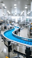 Modern stainless-steel conveyor system with blue belt in a bright industrial facility, showcasing advanced technology and efficient design concept