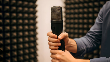 Closeup of a persons hands holding a microphone in a recording studio with acoustic panels on the walls