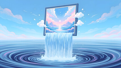 Creative illustration of a monitor with water flowing out of it into a body of water with a blue sky and clouds in the background
