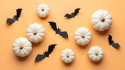 White pumpkins and black bats on orange background for halloween decoration ideas and festive seasonal arrangements