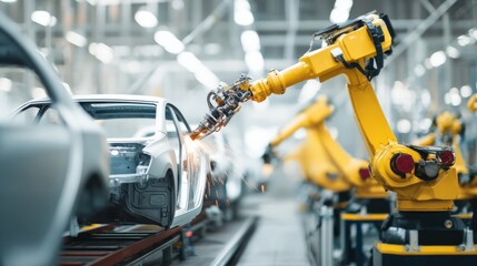 Robotic arm in a modern production line, assembling a sleek car body with precision, showcasing advanced technology and automation in manufacturing processes