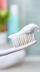 Close-up of a toothbrush with toothpaste, showcasing a fresh and clean dental care routine, emphasizing the importance of oral hygiene and tooth cleaning practices