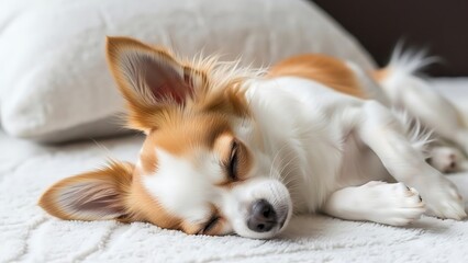 Cute dog sleeping peacefully on white bed