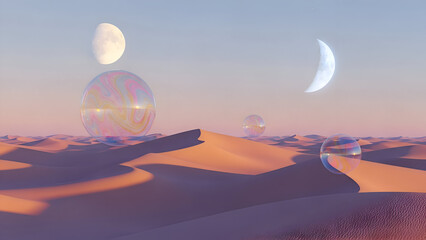 A surreal landscape with a large crystal ball on a desert planet with two moons in the sky with sandy dunes and a clear blue sky