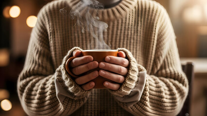 Person in beige sweater holding a cup of hot beverage on a cold day with blurred lights