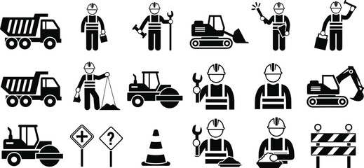Black and white construction set with workers and machines symbols © Shamimara creative 