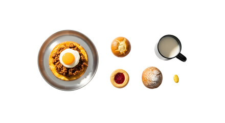 Breakfast dishes with eggs and bread isolated on transparent background, isolated on white background