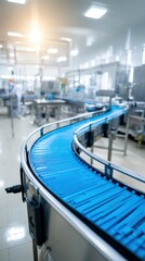Modern stainless-steel conveyor system with blue rollers in a bright industrial facility showcasing advanced technology and efficient production processes