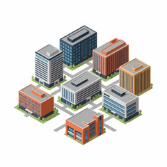 Isometric Collection of Modern Office Buildings and Architecture.