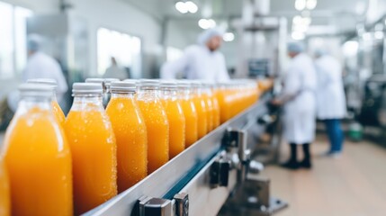 Bottles filled with orange juice move along a production line in a factory, showcasing the manufacturing process and quality control in beverage production