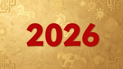 Stylized festive 2026 design with red numerals on a golden Year of the Horse motif background.