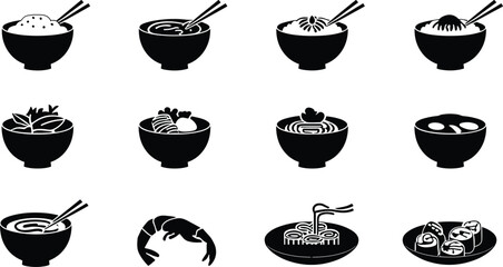 Black and white of various bowls of food with chopsticks sushi rice