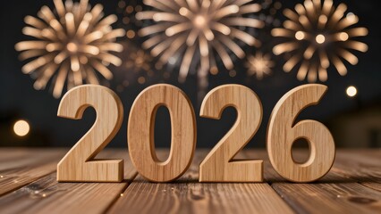 Chiffres « 2026 » en bois sur une table en bois avec des feux d'artifice dorés en arrière-plan célébrant le Nouvel An.
