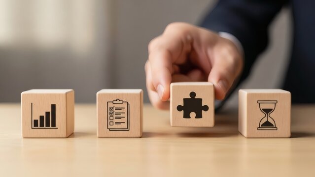 Annual Business Planning Strategy. Wooden blocks with chart checklist puzzle hourglass icons, symbolizing resource allocation time management and efficient business distribution.
