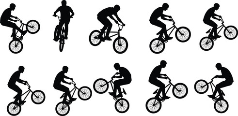 Obraz premium Black silhouettes of men riding bicycles in various positions bike 2