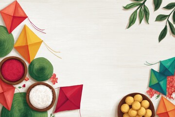 Makar Sankranti Festival Flat Lay with Colorful Kites and Traditional Sweets
