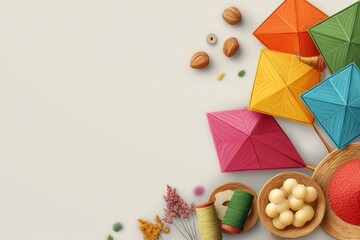 Makar Sankranti Festival Flat Lay with Colorful Kites and Traditional Sweets