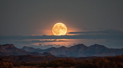 A dramatic and ethereal wide shot of a full moon in a warm, golden glow, majestically rising or setting behind a layer of soft, horizontal clouds. 