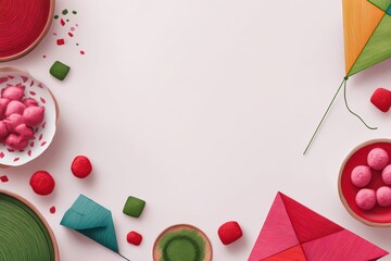 Makar Sankranti Festival Flat Lay with Colorful Kites and Traditional Sweets