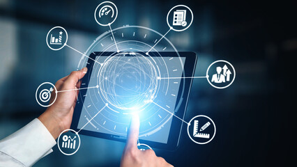 KPI icons show performance metrics, goals, and achievement measurement. KPI helps business track progress, KPI supports management, and KPI improves strategy results. Gist