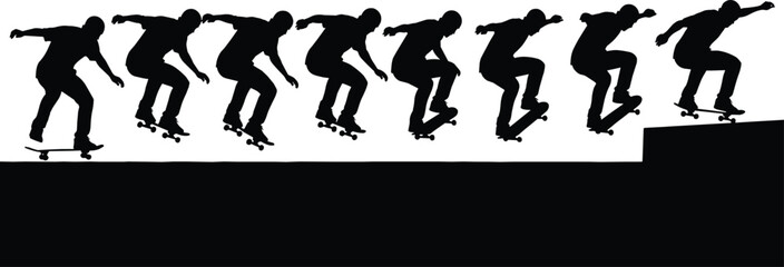 Black silhouettes of skateboarders performing tricks in sequence © Shamimara creative 