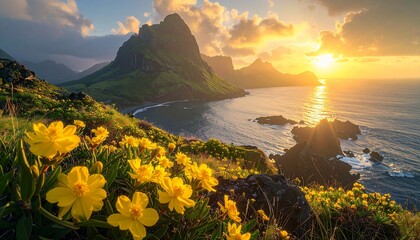 Vibrant yellow flowers blooming at coastal cliffs during breathtaking sunset