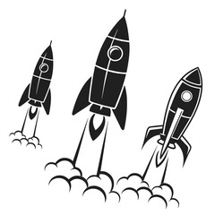 Black and white rocket ship icons set for design