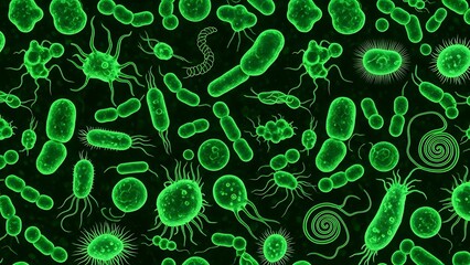 Vibrant green microorganisms on black background