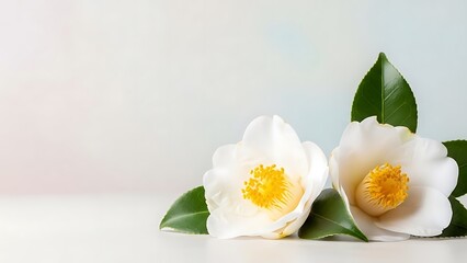 Beautiful white flowers with green leaves on white background