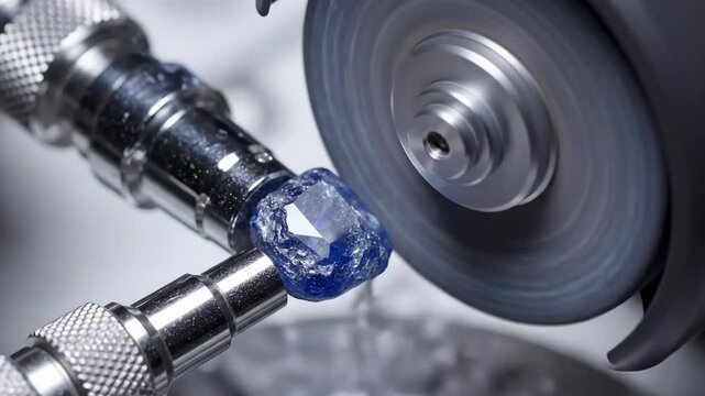 Macro shot of a jeweler polishing and faceting a raw blue sapphire gemstone on a grinding wheel.