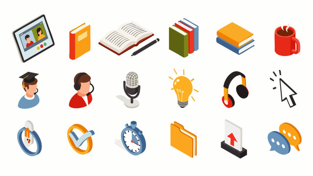 Set of isometric icons representing online education, learning, and digital communication concepts