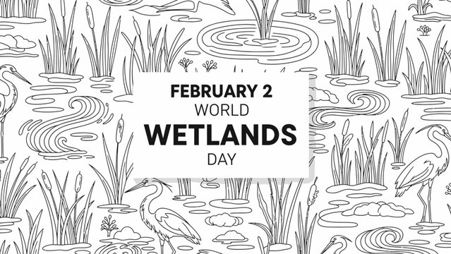 Black and White Seamless Pattern of Wetland with Herons, Ducks, Birds, and Aquatic Plants, World Wetlands Day, isolated white background.