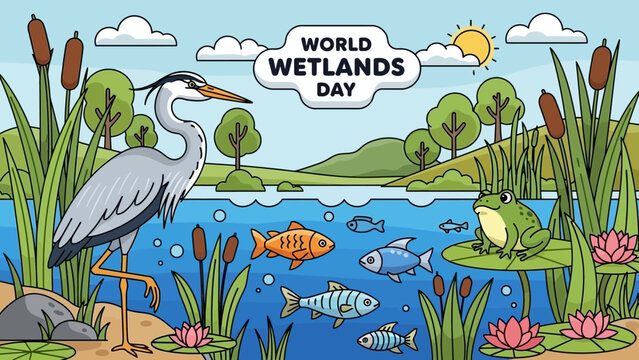 Colorful Cartoon Wetland Scene with Heron, Frog, Fish, Cattails, World Wetlands Day, in bright studio.