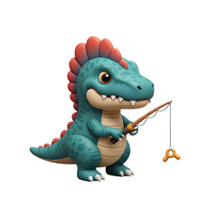 Fototapeta premium A cartoon dinosaur is fishing with a rod and hook in a playful scene