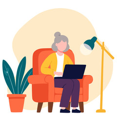 Elderly woman working on laptop while sitting in an armchair at home. Elderly set  