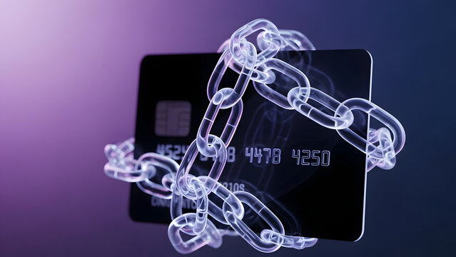 Concepto de finanzas descentralizadas con cadena digital en tarjeta de cr&eacute;dito para activos de criptomonedas y tecnolog&iacute;a de contratos inteligentes