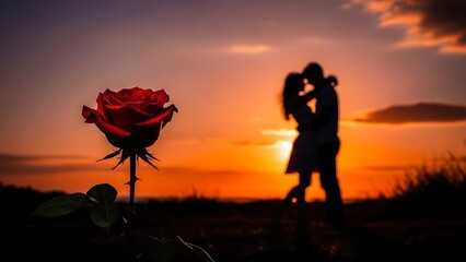 Obraz premium Single rose at sunset with couple silhouette