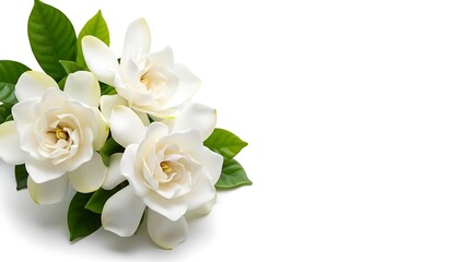 Beautiful white gardenia flowers with green leaves