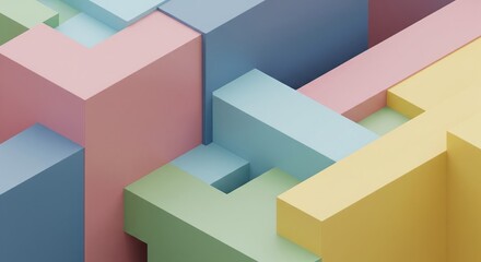 Colorful 3D geometric blocks stacked in modern abstract digital composition
