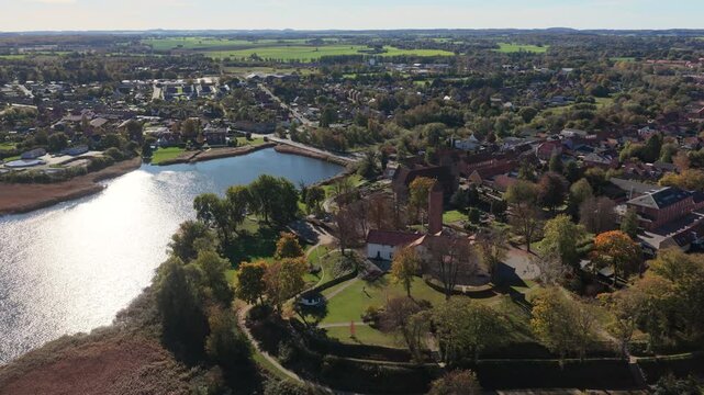 Aerial of a Fjord with the village of Praesto, Denmark