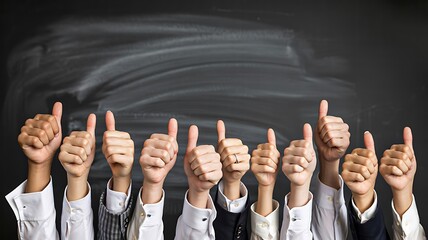 Group of business hands showing thumbs up gesture for success

