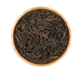 Dry leaves Oolong tea in bamboo bowl, Camellia sinensis, dark green leaves isolated on white, top view,  transparency