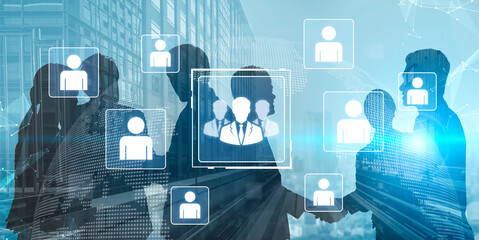 Concept of human resources and organizational structure. A professional team is shown within a corporate network, representing management, leadership, and collaboration. Fermion